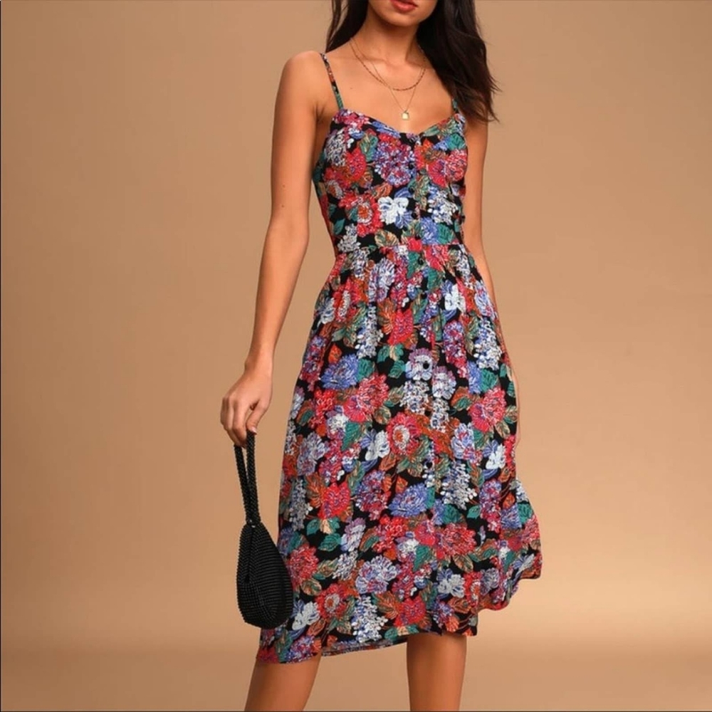 Rolla's Eve Tapestry Black Floral Print Button-Up Midi Dress Size L